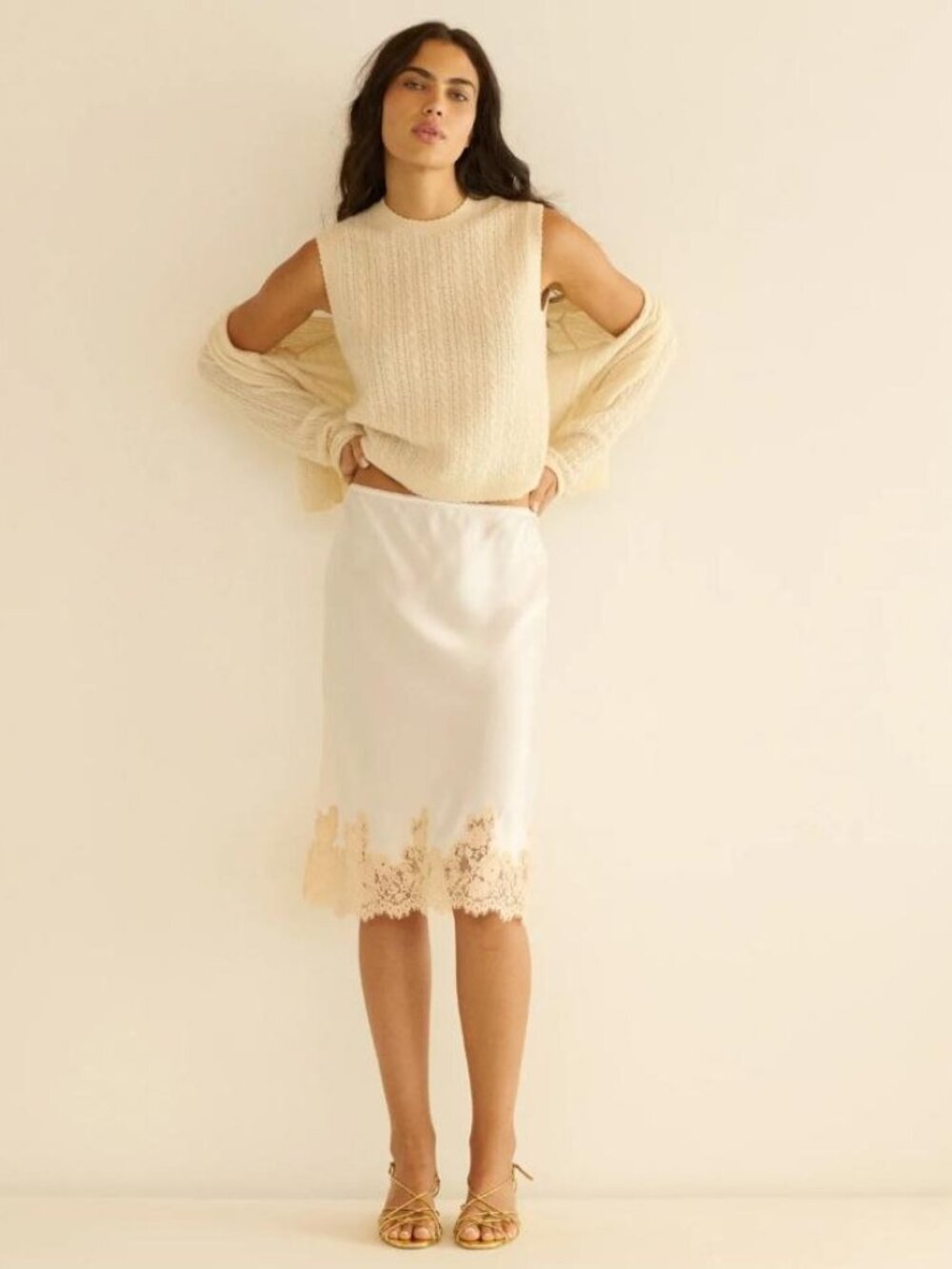 Dôen Elowette Satin Lace Hem Midi Skirt in Salt and Peach Lace